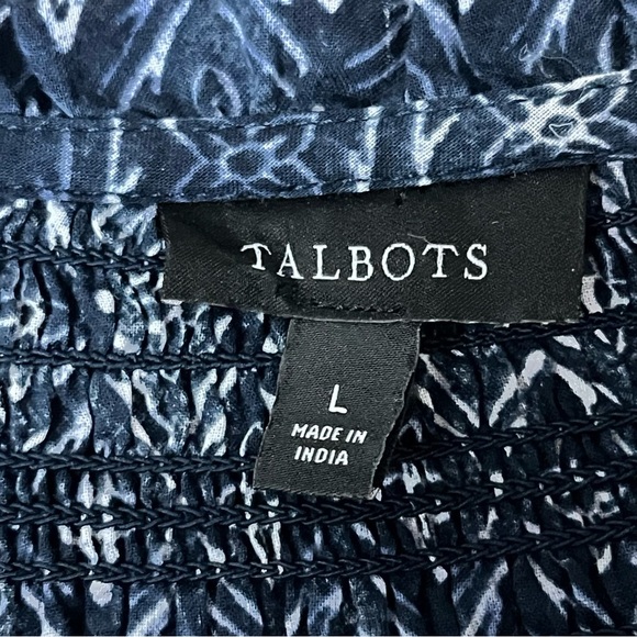 Talbots Top Womens L Blue Geometric Print Smocked Neck Cotton Boho Boho  Peasent - Picture 7 of 8